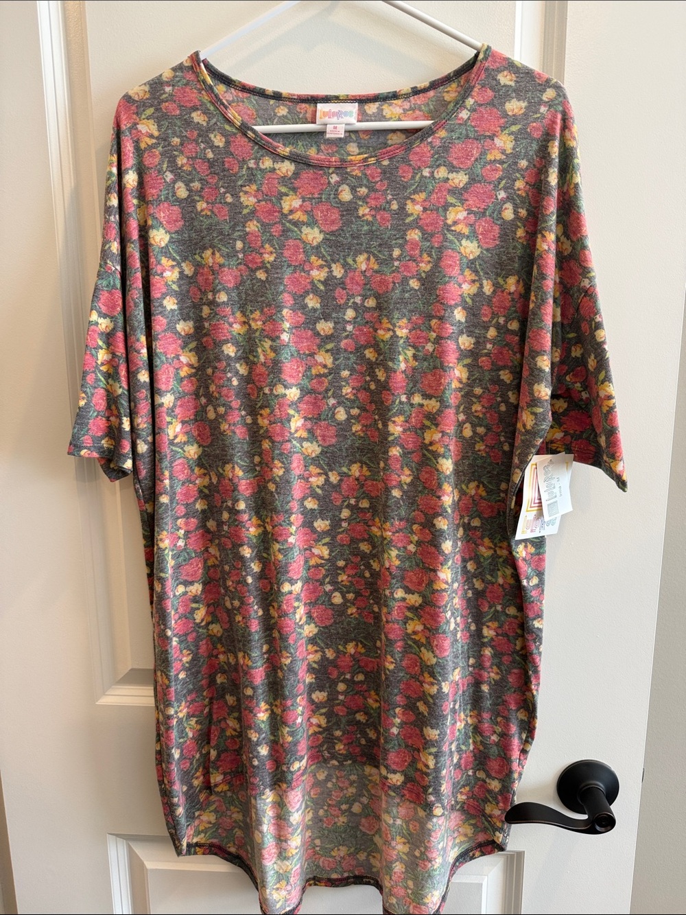 LuLaRoe Irma Floral Hi Low Top in Pink, Yellow & Gray
